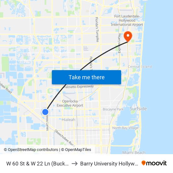 W 60 St & W 22 Ln (Buckey Dent Park) to Barry University Hollywood Campus map