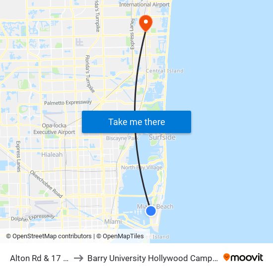 Alton Rd & 17 St to Barry University Hollywood Campus map