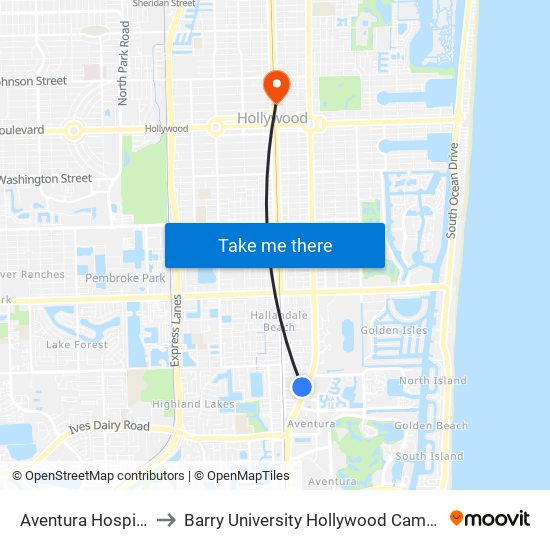 Aventura Hospital to Barry University Hollywood Campus map