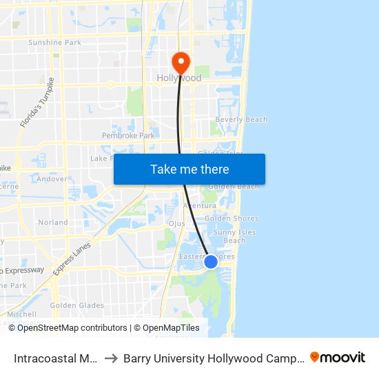 Intracoastal Mall to Barry University Hollywood Campus map