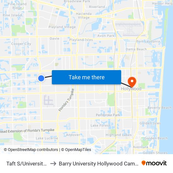 Taft S/University D to Barry University Hollywood Campus map