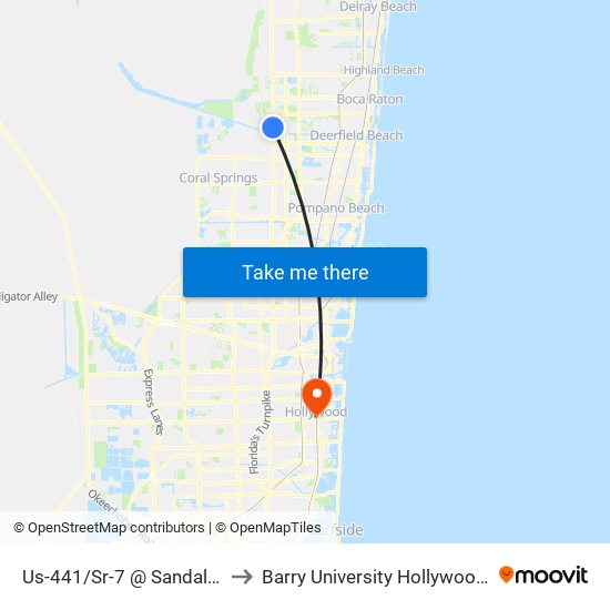 Us-441/Sr-7 @ Sandalfoot Blvd to Barry University Hollywood Campus map