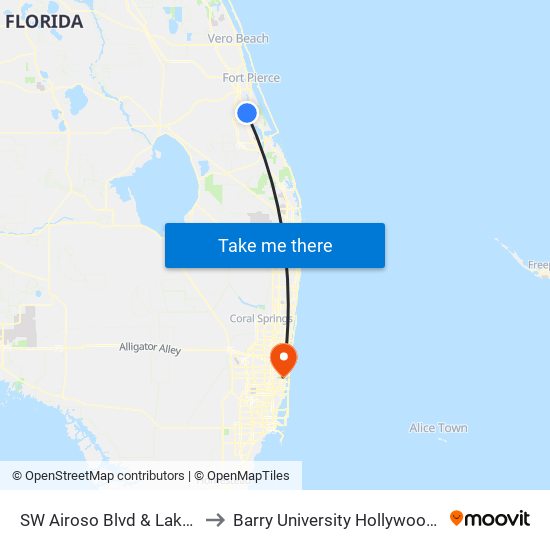 SW Airoso Blvd & Lakehurst Dr to Barry University Hollywood Campus map