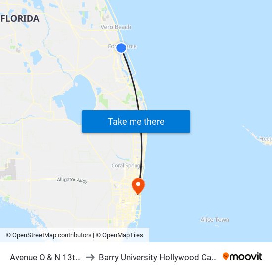 Avenue O & N 13th St to Barry University Hollywood Campus map