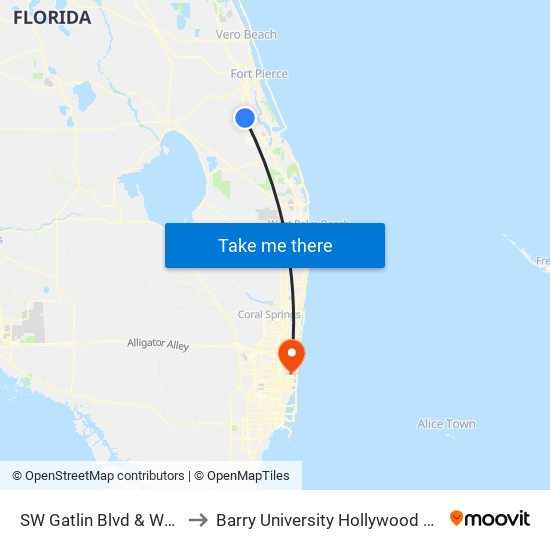 SW Gatlin Blvd & Walmart to Barry University Hollywood Campus map