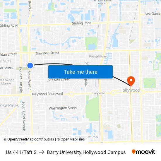 Us 441/Taft S to Barry University Hollywood Campus map