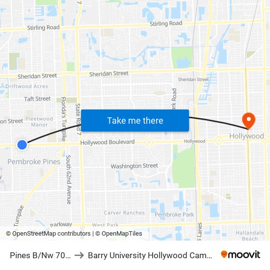 Pines B/Nw 70 A to Barry University Hollywood Campus map