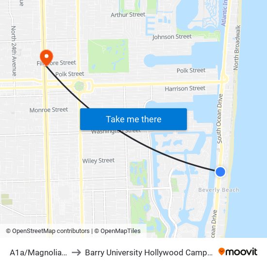 A1a/Magnolia T to Barry University Hollywood Campus map
