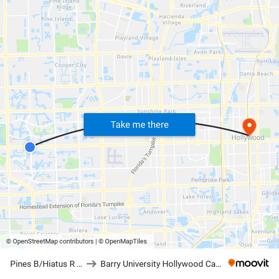 Pines B/Hiatus R (W) to Barry University Hollywood Campus map