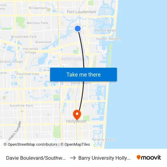 Davie Boulevard/Southwest 4th Avenue to Barry University Hollywood Campus map