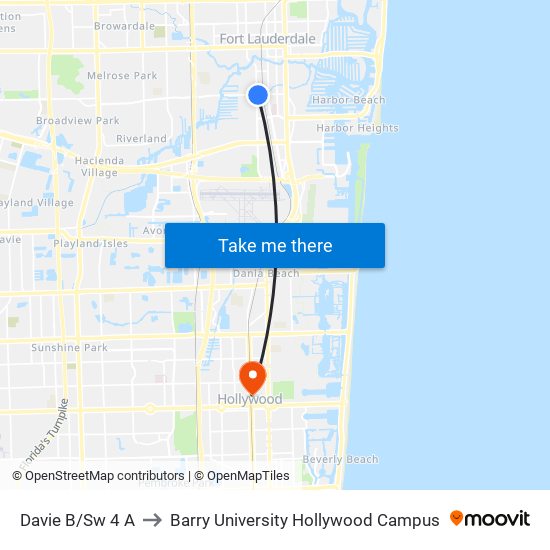 Davie B/Sw 4 A to Barry University Hollywood Campus map