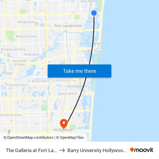 The Galleria at Fort Lauderdale to Barry University Hollywood Campus map