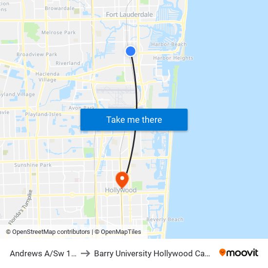 ANDREWS A/SW 16 S to Barry University Hollywood Campus map