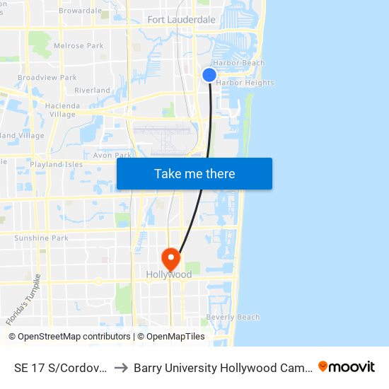SE 17 S/Cordova R to Barry University Hollywood Campus map