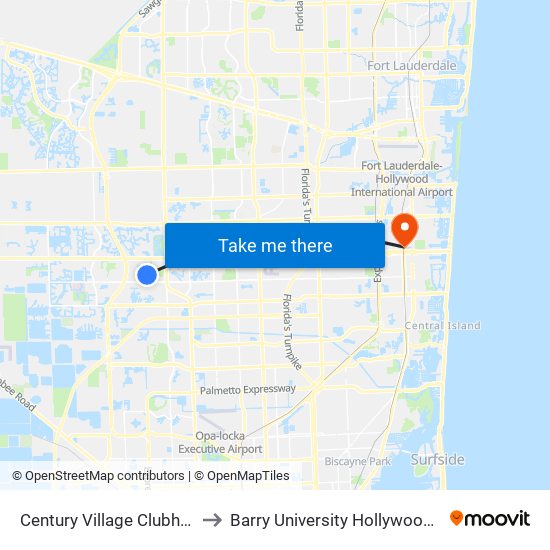 Century Village Clubhouse Pp to Barry University Hollywood Campus map