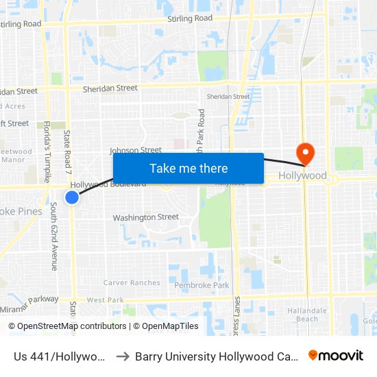 Us 441/Hollywood B to Barry University Hollywood Campus map