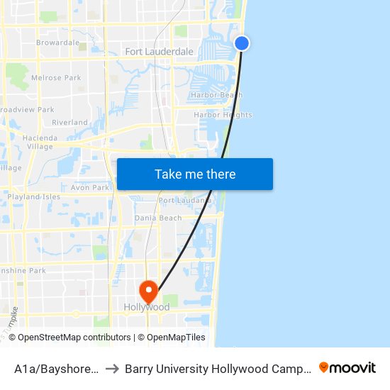 A1a/Bayshore D to Barry University Hollywood Campus map