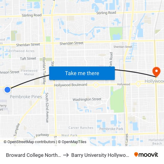 Broward College Northside Stop to Barry University Hollywood Campus map