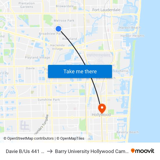 DAVIE B/US 441 (E) to Barry University Hollywood Campus map