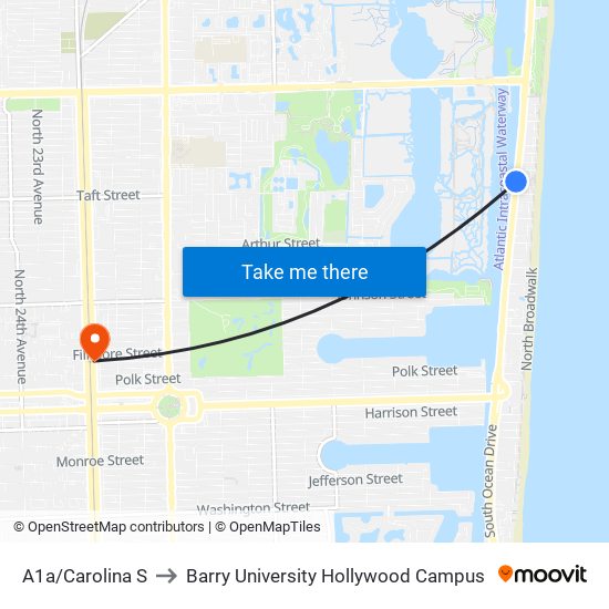 A1a/Carolina S to Barry University Hollywood Campus map