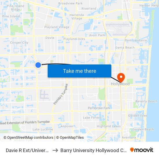 Davie R Ext/University D to Barry University Hollywood Campus map