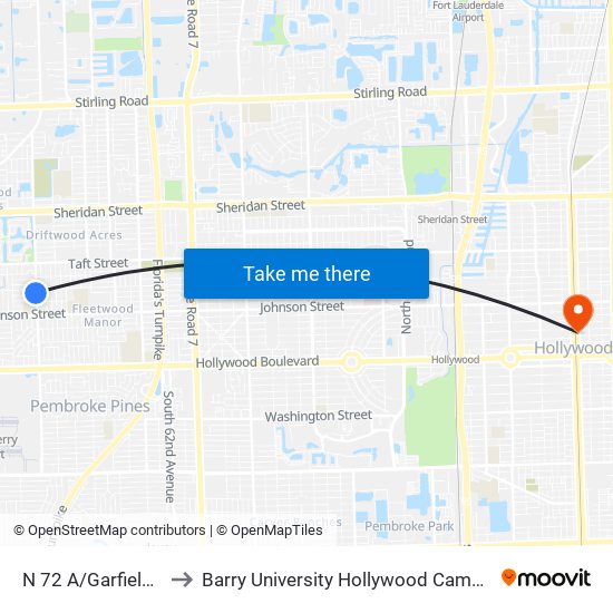 N 72 A/Garfield S to Barry University Hollywood Campus map
