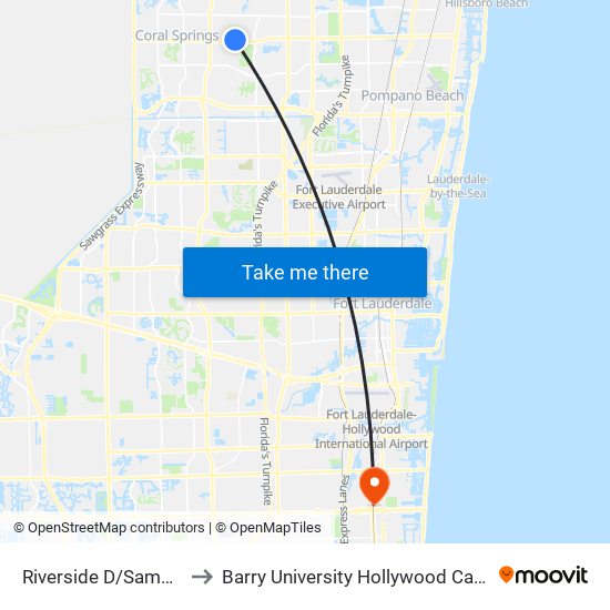 Riverside D/Sample R to Barry University Hollywood Campus map