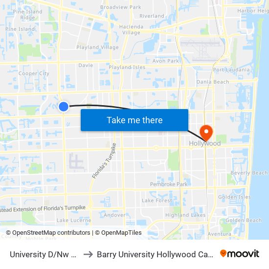 University D/Nw 30 S to Barry University Hollywood Campus map