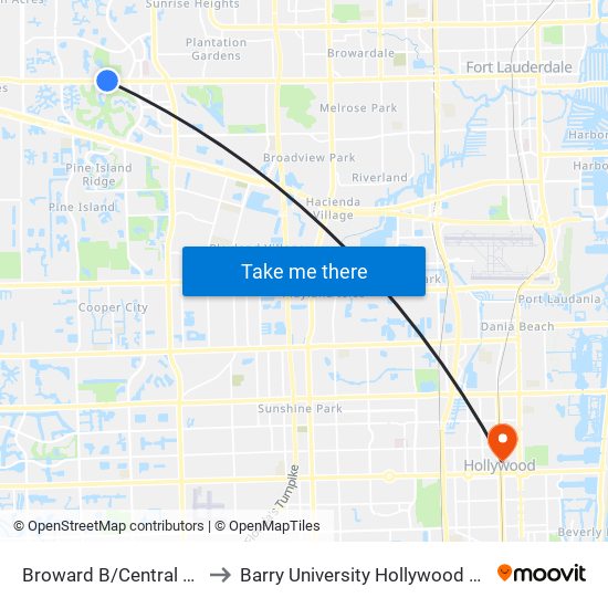 Broward B/Central Park D to Barry University Hollywood Campus map