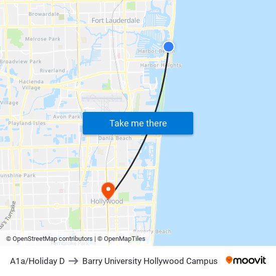 A1a/Holiday D to Barry University Hollywood Campus map