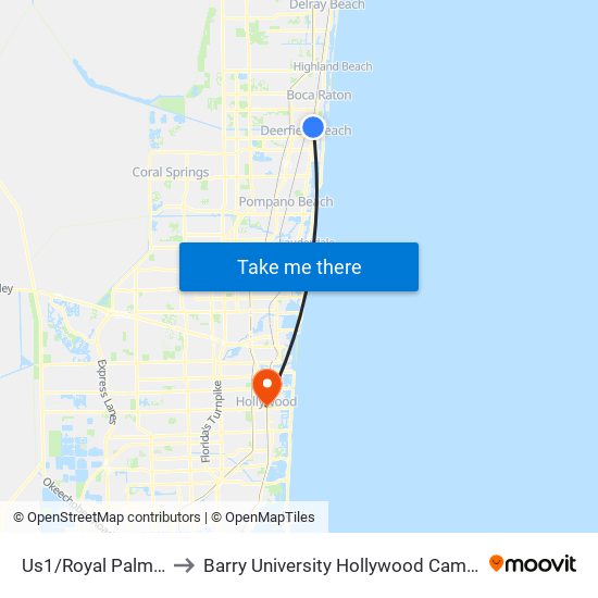 Us1/Royal Palm W to Barry University Hollywood Campus map