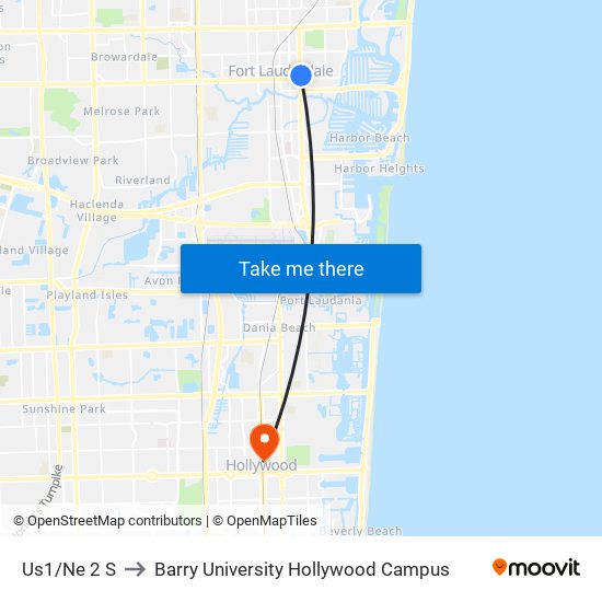 Us1/Ne 2 S to Barry University Hollywood Campus map