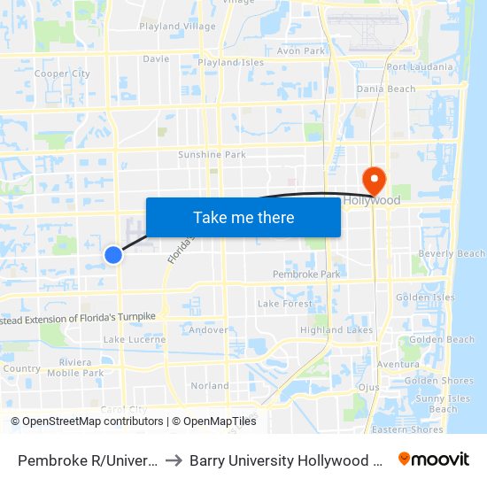 Pembroke R/University D to Barry University Hollywood Campus map