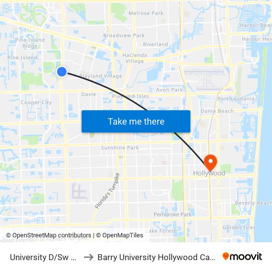 University D/Sw 35 S to Barry University Hollywood Campus map