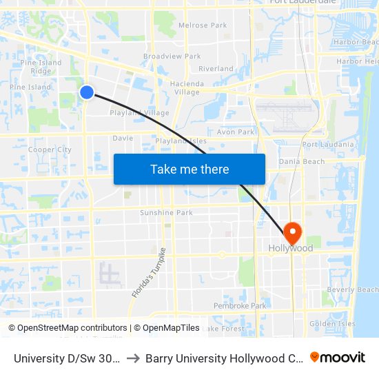 University D/Sw 30 S (S) to Barry University Hollywood Campus map