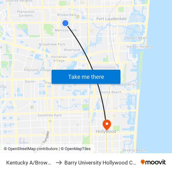 Kentucky A/Broward B to Barry University Hollywood Campus map