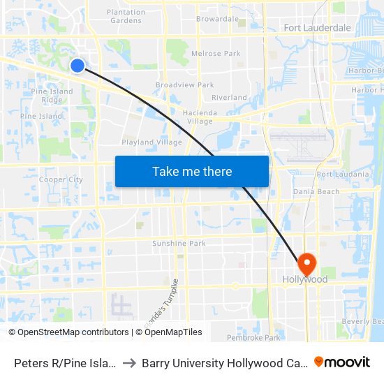 Peters R/Pine Island R to Barry University Hollywood Campus map