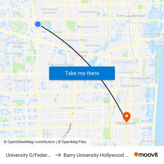 University D/Federated R to Barry University Hollywood Campus map