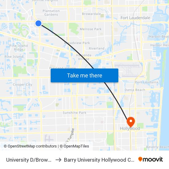 UNIVERSITY D/BROWARD B to Barry University Hollywood Campus map