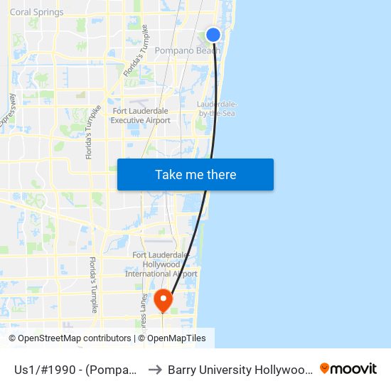 Us1/#1990 - (Pompano Beach) to Barry University Hollywood Campus map