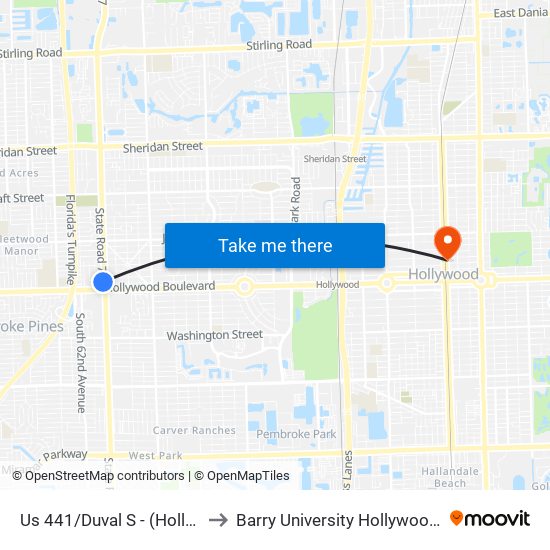 Us 441/Duval S - (Hollywood B) to Barry University Hollywood Campus map