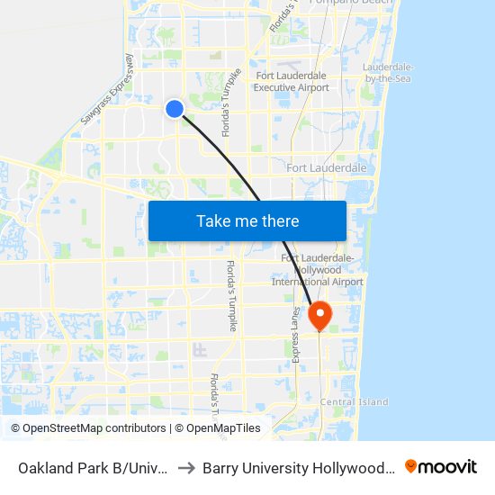 Oakland Park B/University D to Barry University Hollywood Campus map