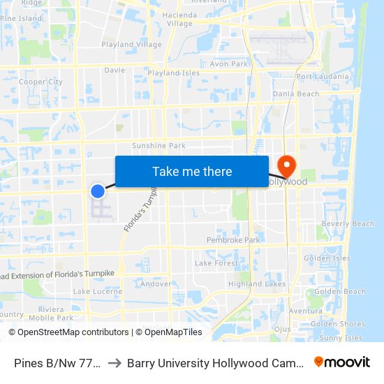 PINES B/NW 77 W to Barry University Hollywood Campus map