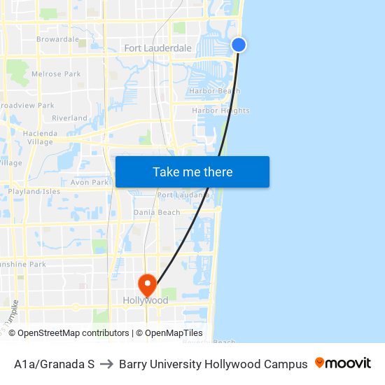 A1a/Granada S to Barry University Hollywood Campus map