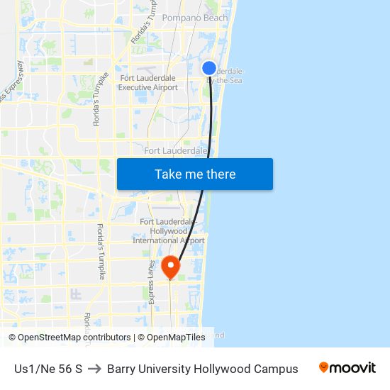 Us1/Ne 56 S to Barry University Hollywood Campus map