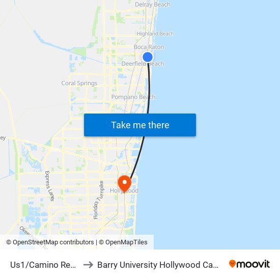 Us1/Camino Real N to Barry University Hollywood Campus map