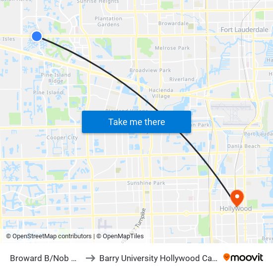 Broward B/Nob Hill R to Barry University Hollywood Campus map