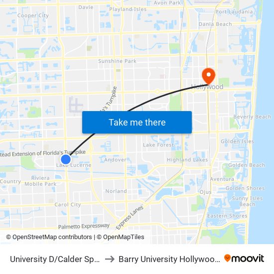 University D/Calder Speedway D to Barry University Hollywood Campus map