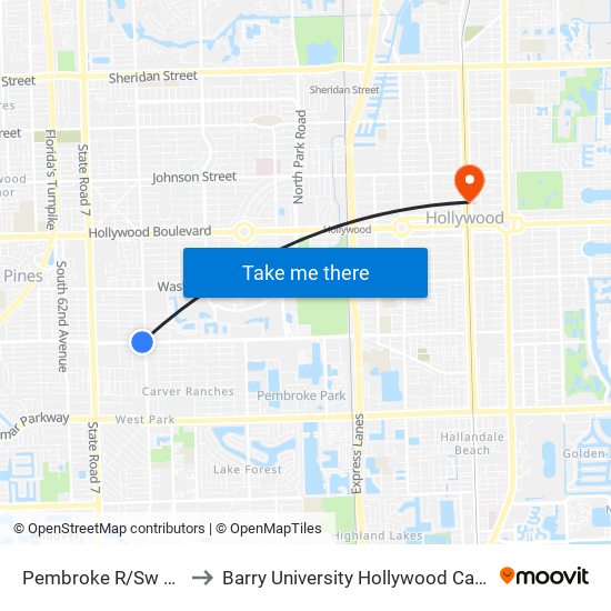 Pembroke R/Sw 56 A to Barry University Hollywood Campus map