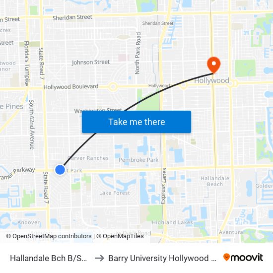 HALLANDALE BCH B/SW 58 A to Barry University Hollywood Campus map